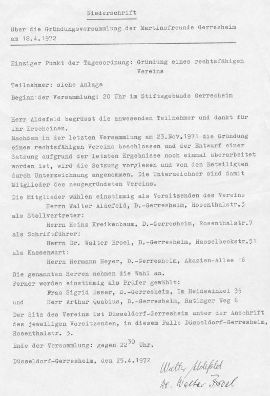 Niederschrift der Gründungsversammlung der AGM am 18.4.1972