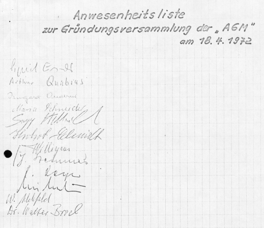 Anwesenheitsliste Gründungsversammlung der AGM am 18.4.1972